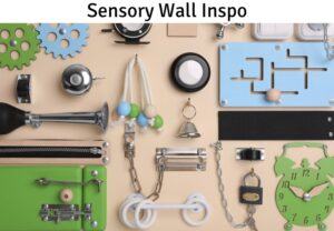 Hooks, levers, switches on a sensory wall